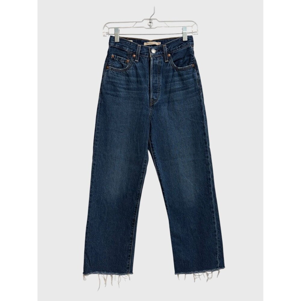 Levi's Ribcage Straight Ankle Jeans Women Size 25 Blue High Rise Raw Hem Preppy